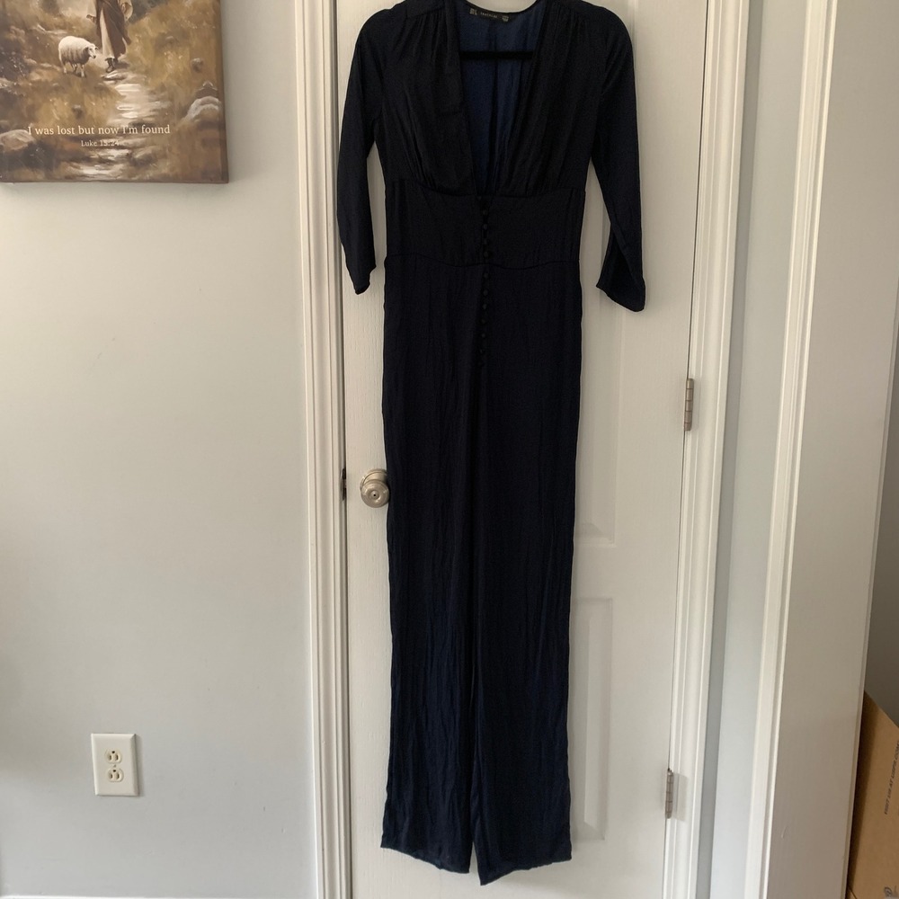Zara Trafaluc Navy Blue‎ Deep V-Neck Wide Leg Jumpsuit Button Front Small